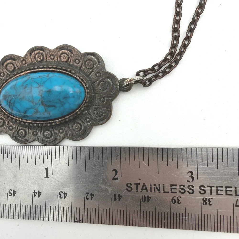 Necklace Womens Faux Turquoise Pendant Blue Boho Bronze